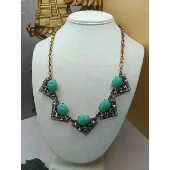 Stella And Dot Blue Gold Chain Green Stones Blue Rhinestones Necklace - Picture 1 of 7
